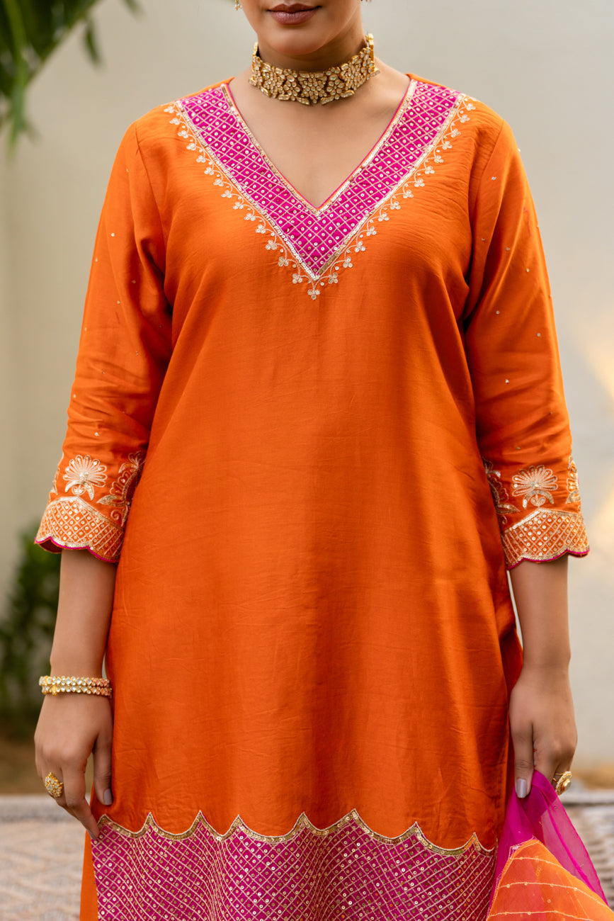 Orange Aari sequinns straight suit