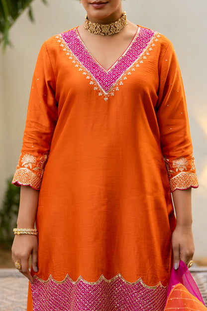 Orange Aari sequinns straight suit