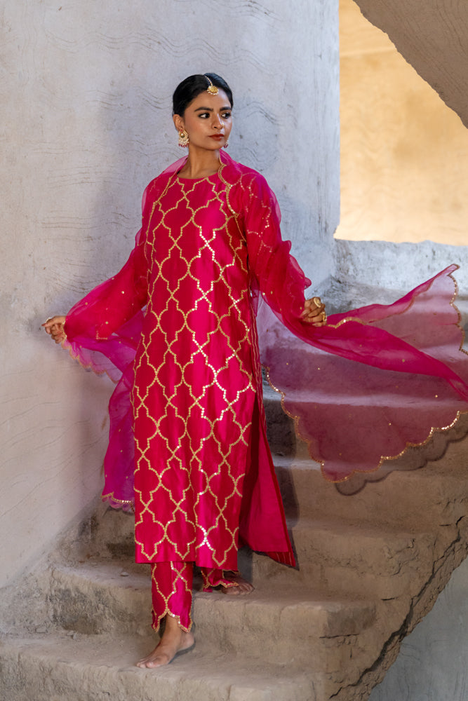 Rani Pink Jaal Straight Kurta Set