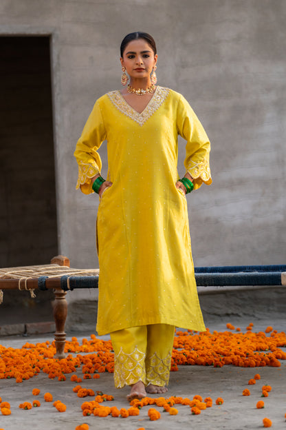 Yellow Aari A-Line Suit Set
