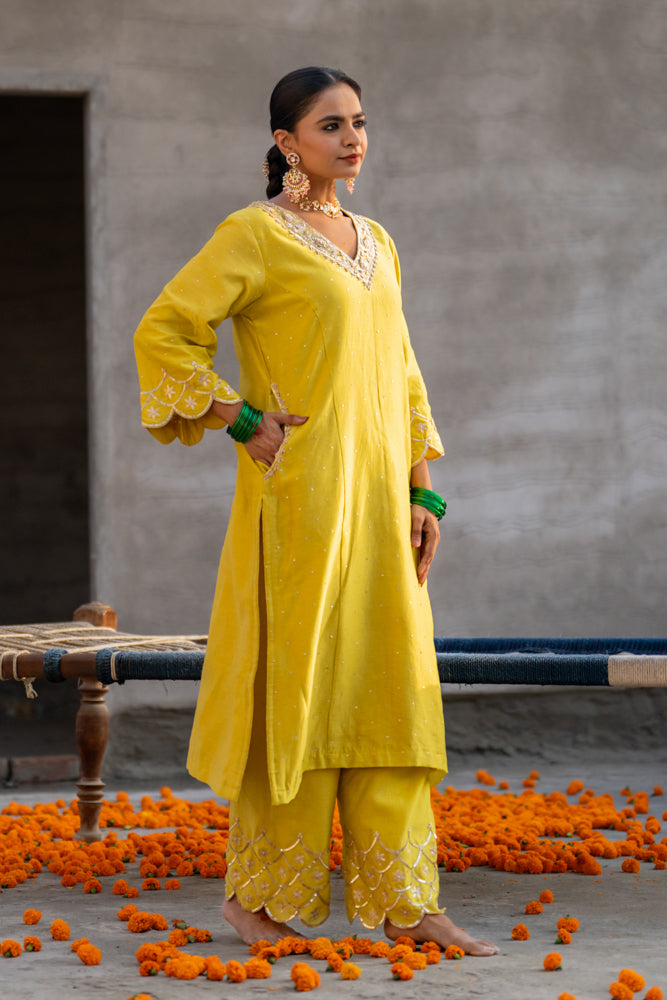 Yellow Aari A-Line Suit Set