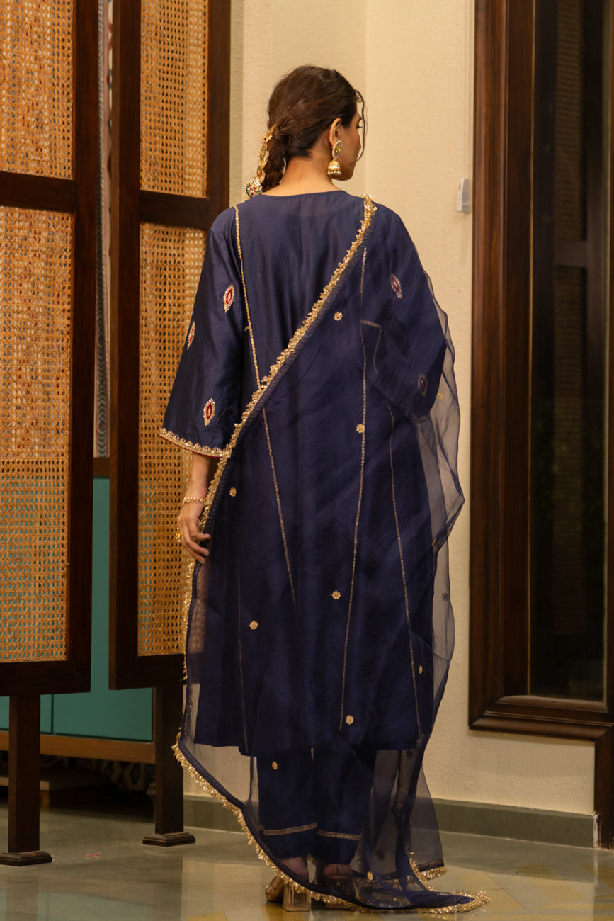Mid Night Blue-Mor booti A-line Kurta Set