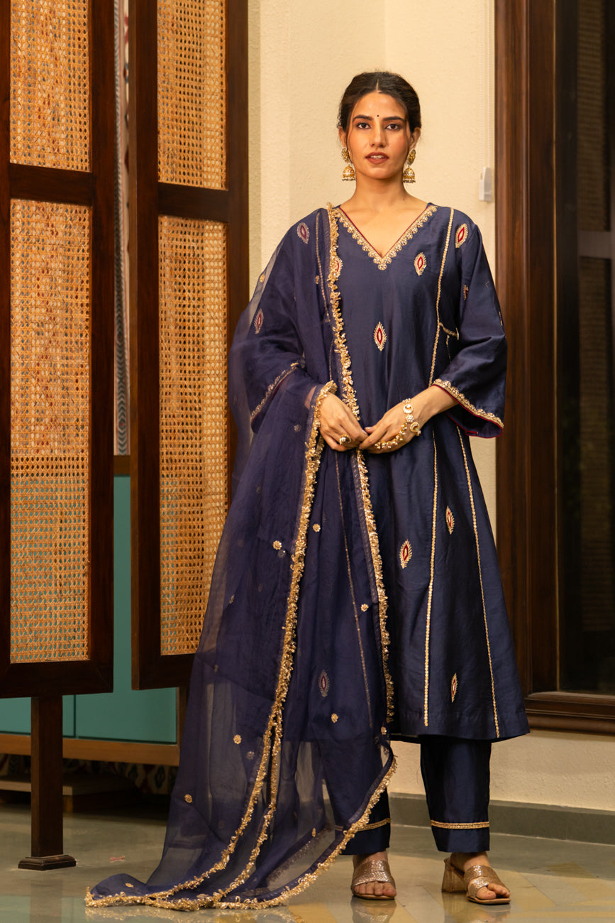 Mid Night Blue-Mor booti A-line Kurta Set
