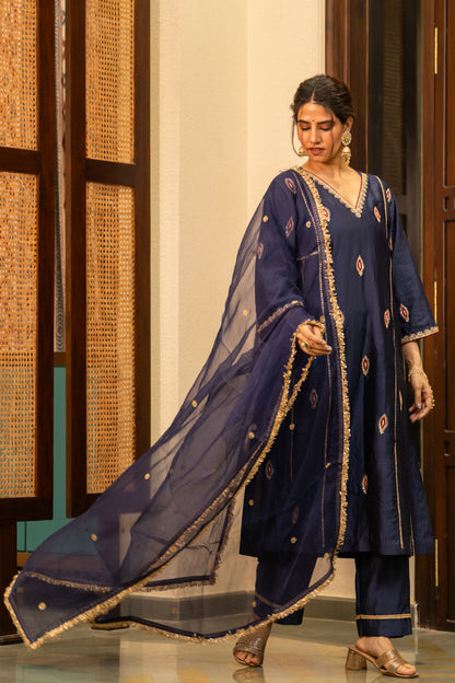 Mid Night Blue-Mor booti A-line Kurta Set