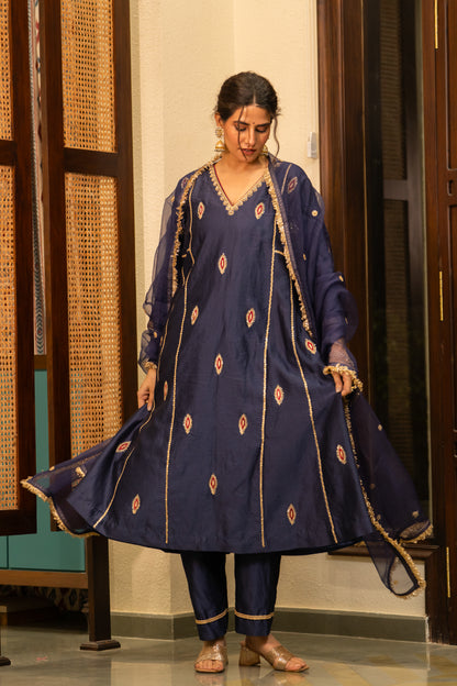 Mid Night Blue-Mor booti A-line Kurta Set