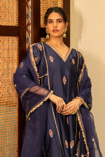 Mid Night Blue-Mor booti A-line Kurta Set