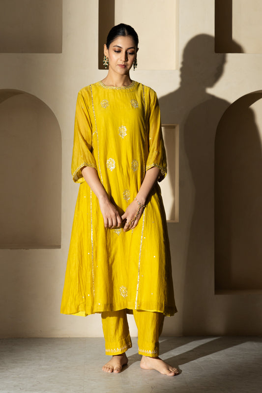 Yellow Floral Boota A-Line Suit Set