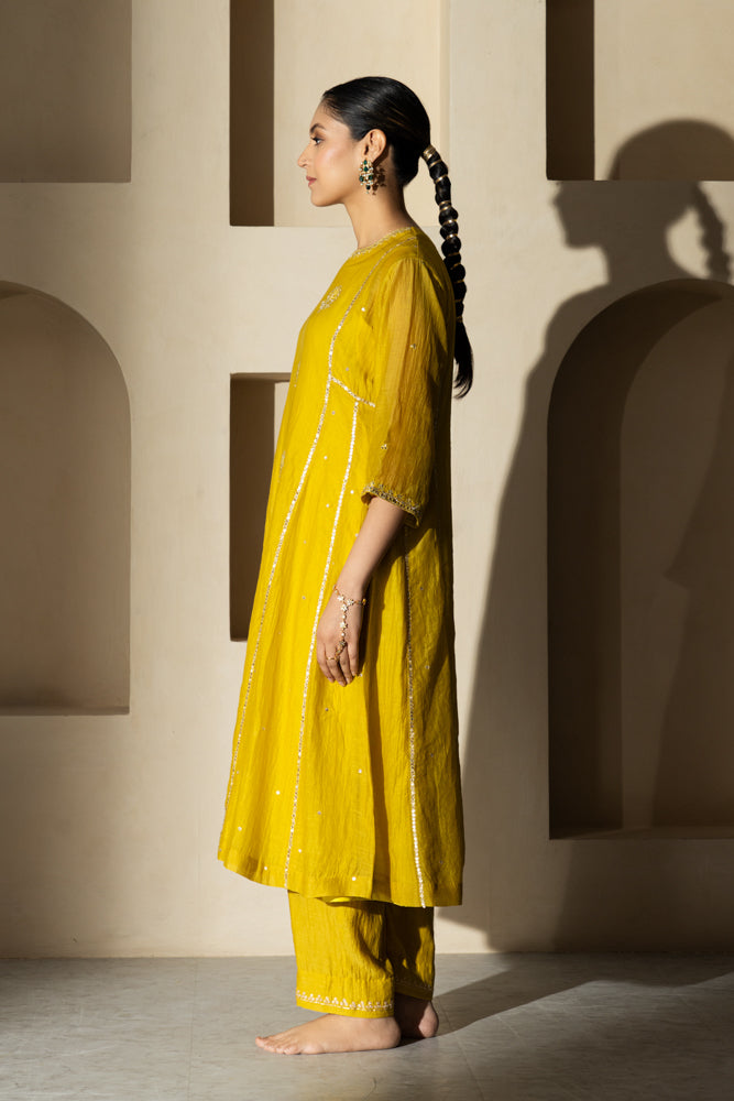 Yellow Floral Boota A-line Kurta Set