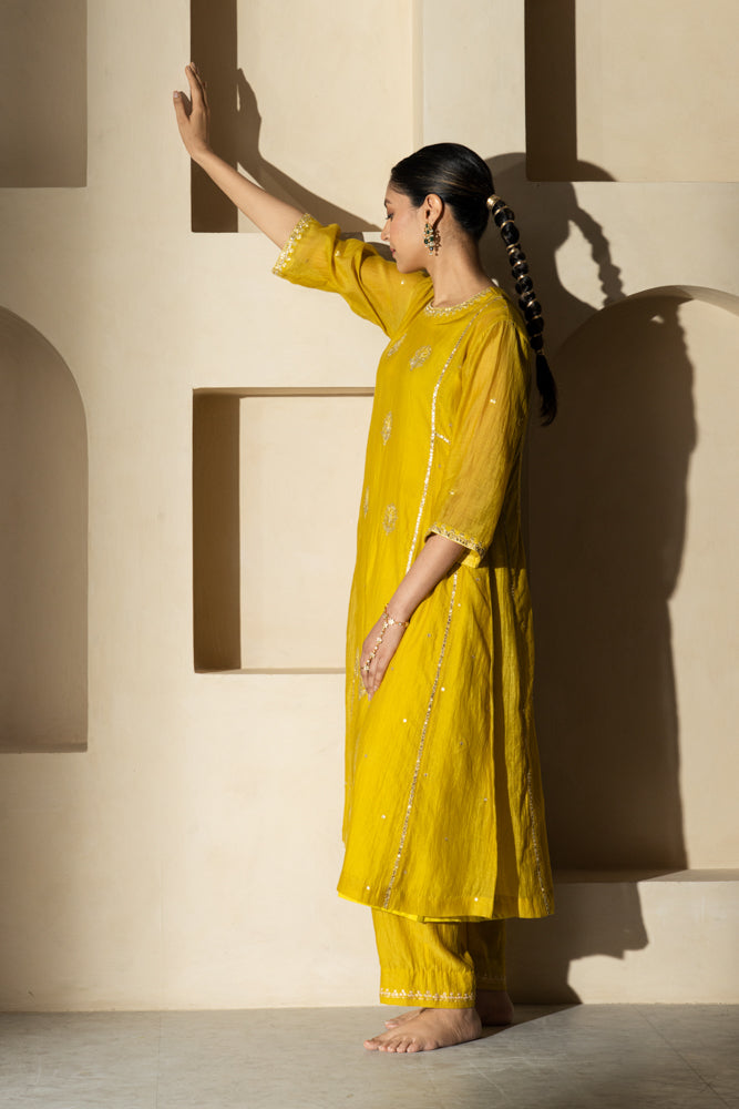 Yellow Floral Boota A-line Kurta Set
