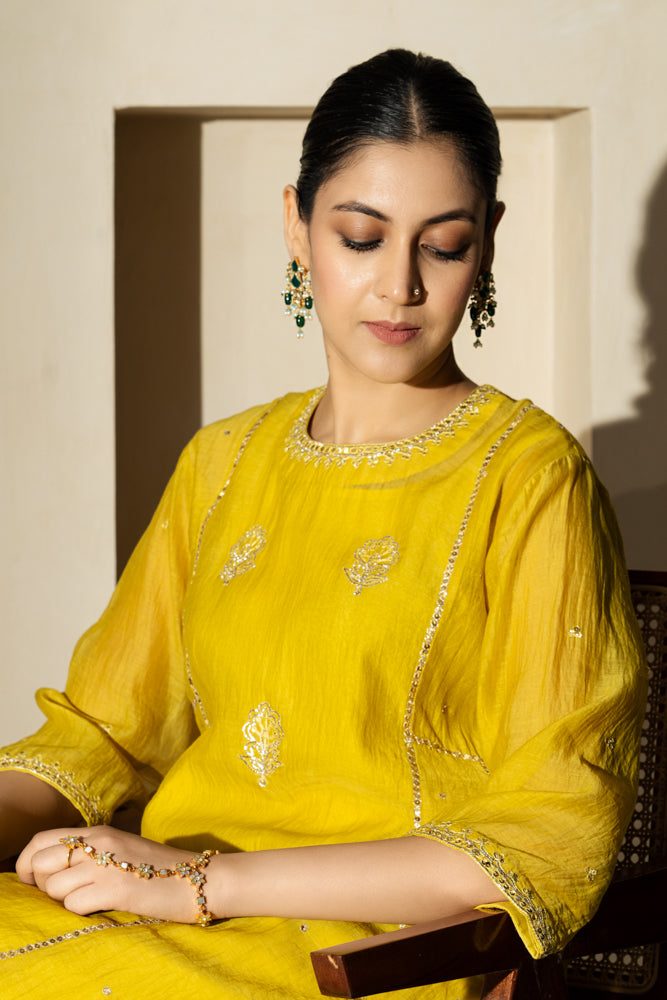 Yellow Floral Boota A-line Kurta Set