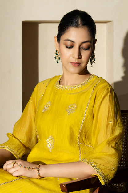 Yellow Floral Boota A-Line Suit Set