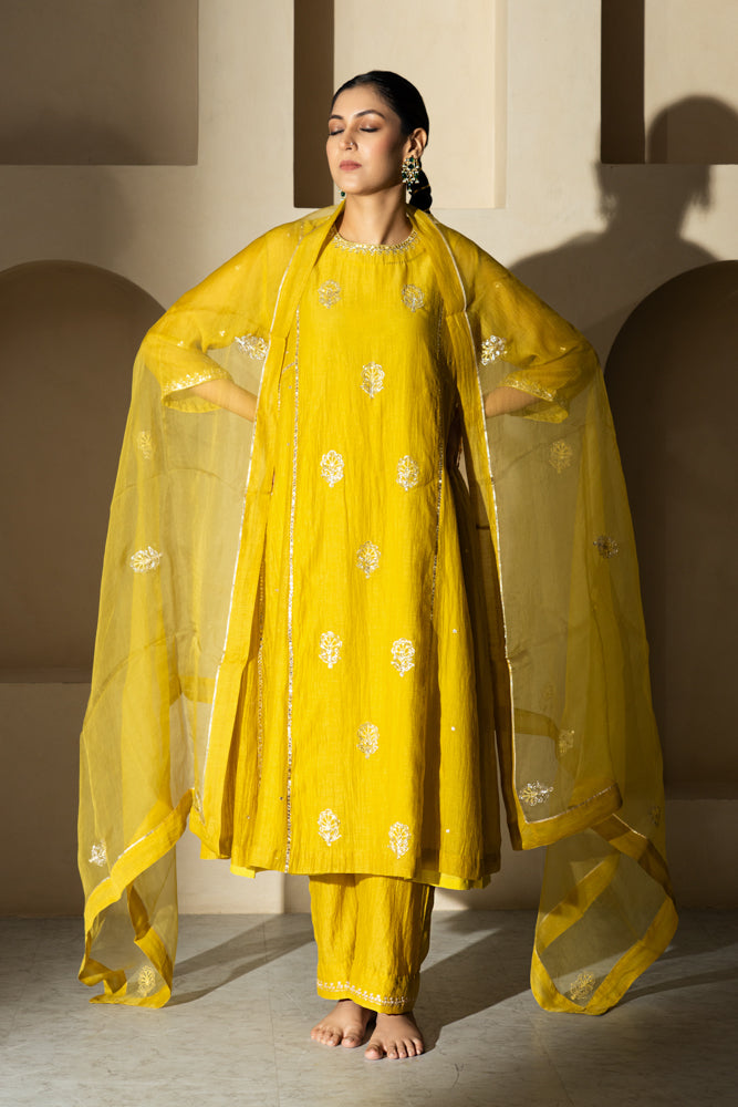 Yellow Floral Boota A-line Kurta Set