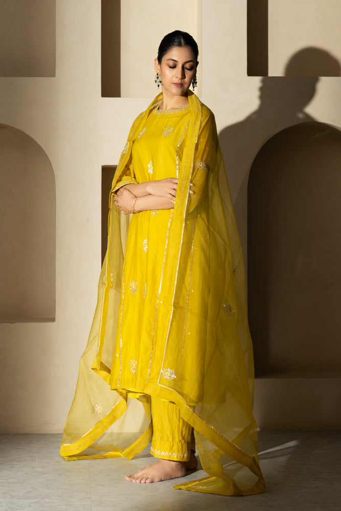 Yellow Floral Boota A-line Kurta Set