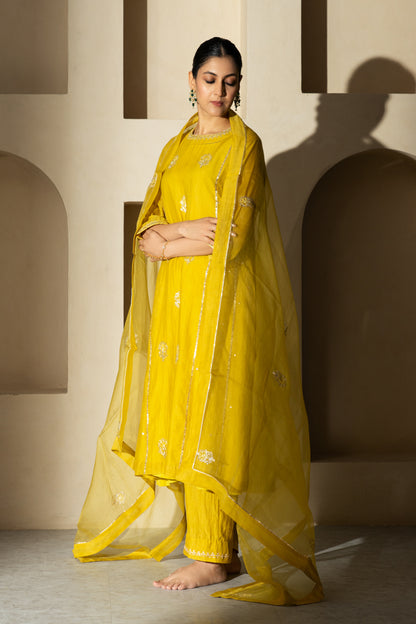 Yellow Floral Boota A-Line Suit Set