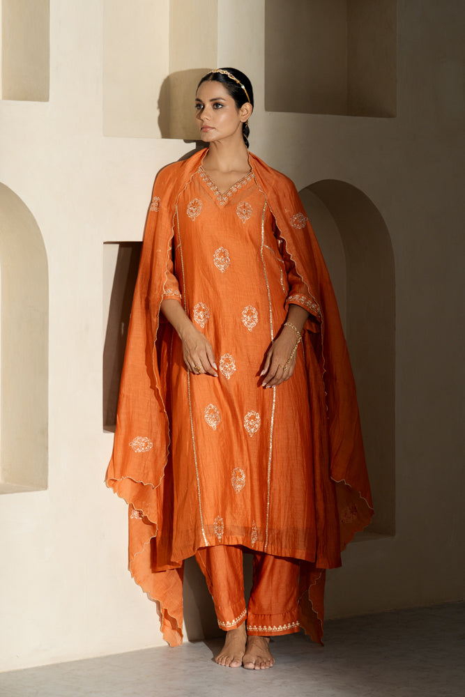 Rust Floral Boota A-line Kurta Set