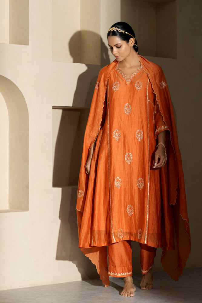 Rust Floral Boota A-line Kurta Set