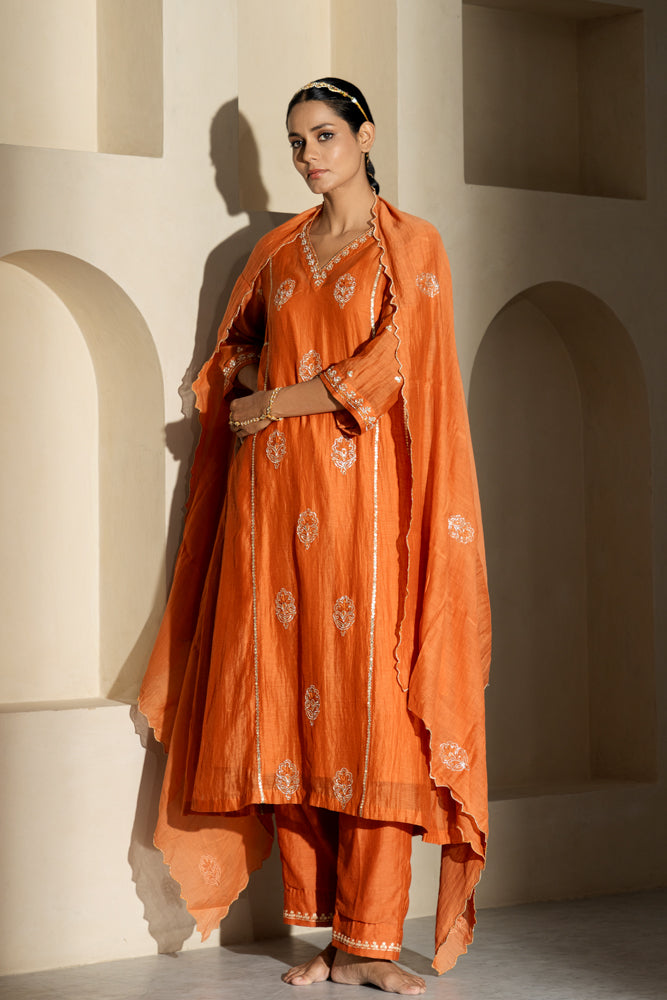 Rust Floral Boota A-line Kurta Set