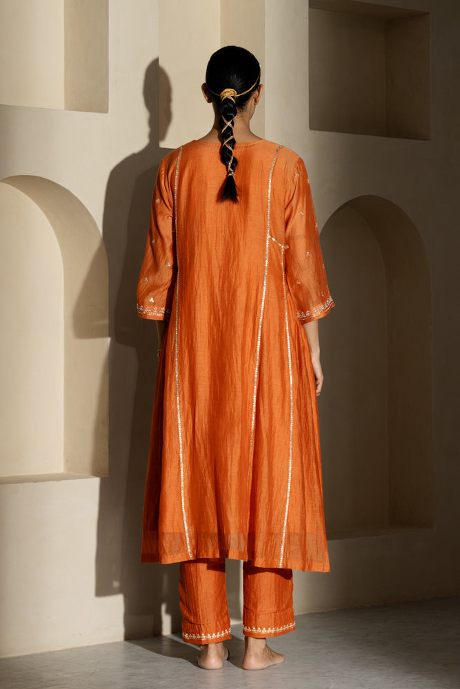 Rust Floral Boota A-line Kurta Set