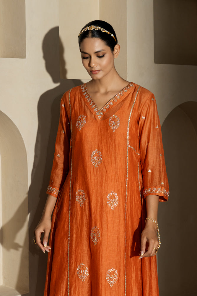 Rust Floral Boota A-line Kurta Set