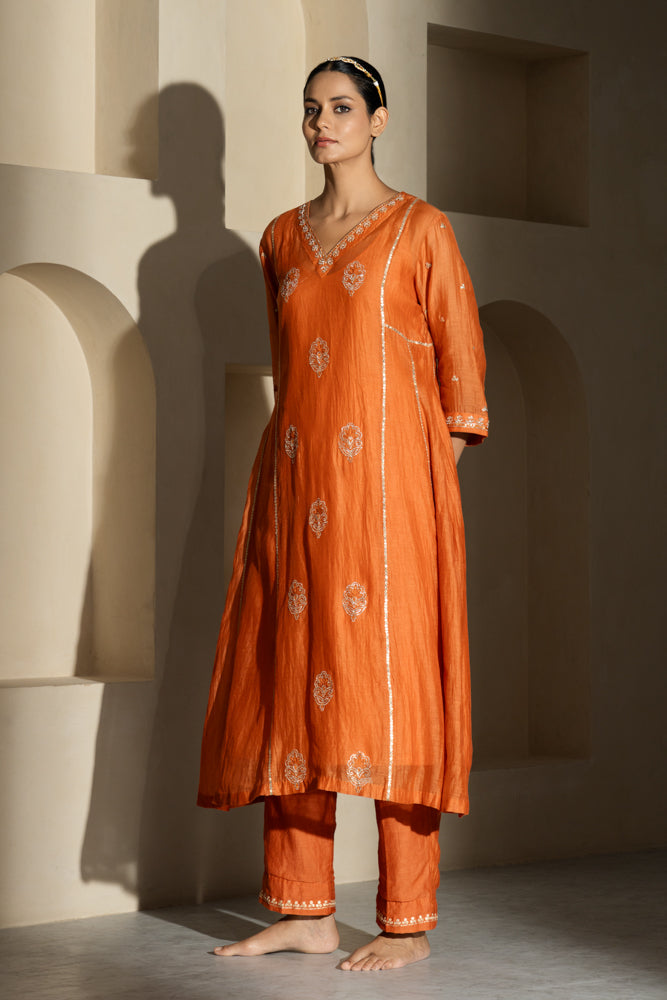 Rust Floral Boota A-line Kurta Set