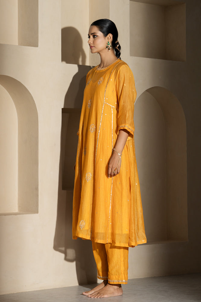 Saffron Yellow A-line Kurta Set