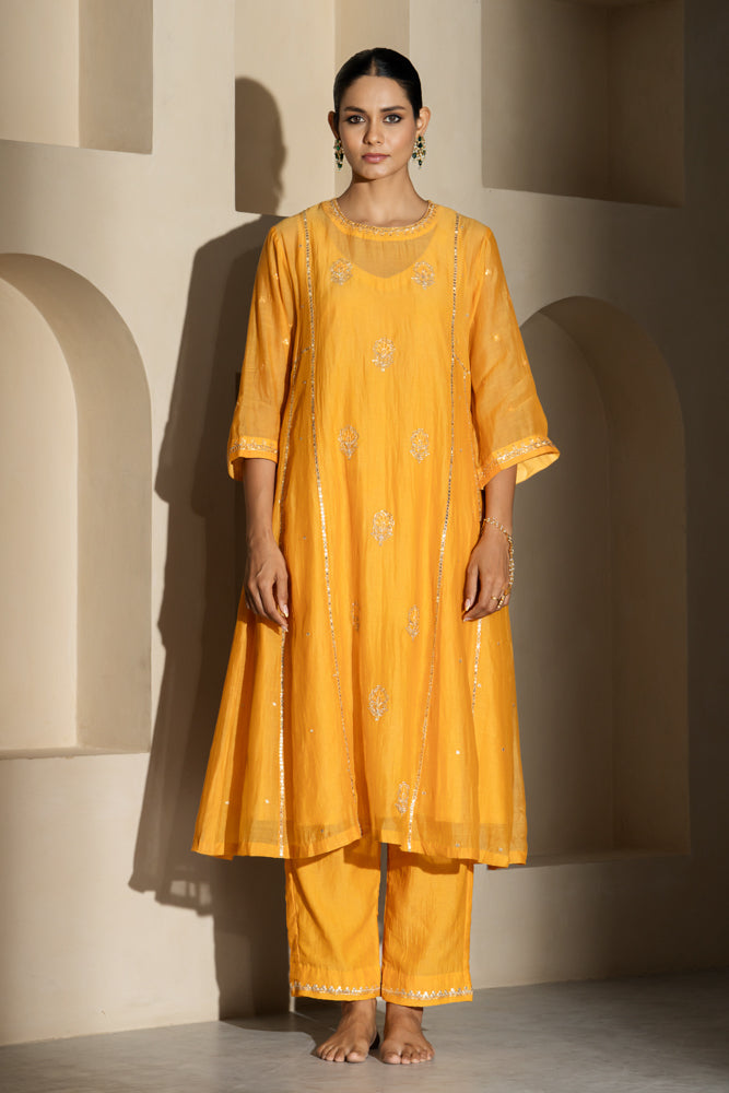 Saffron Yellow A-line Kurta Set