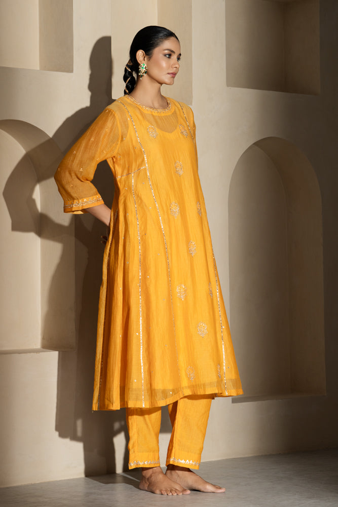 Saffron Yellow A-line Kurta Set