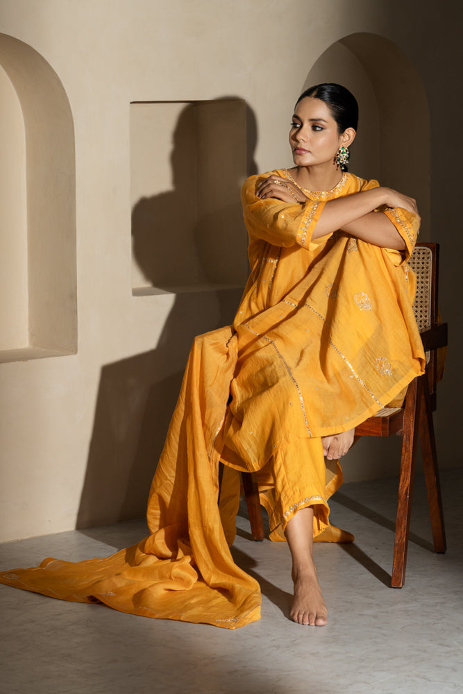 Saffron Yellow A-line Kurta Set