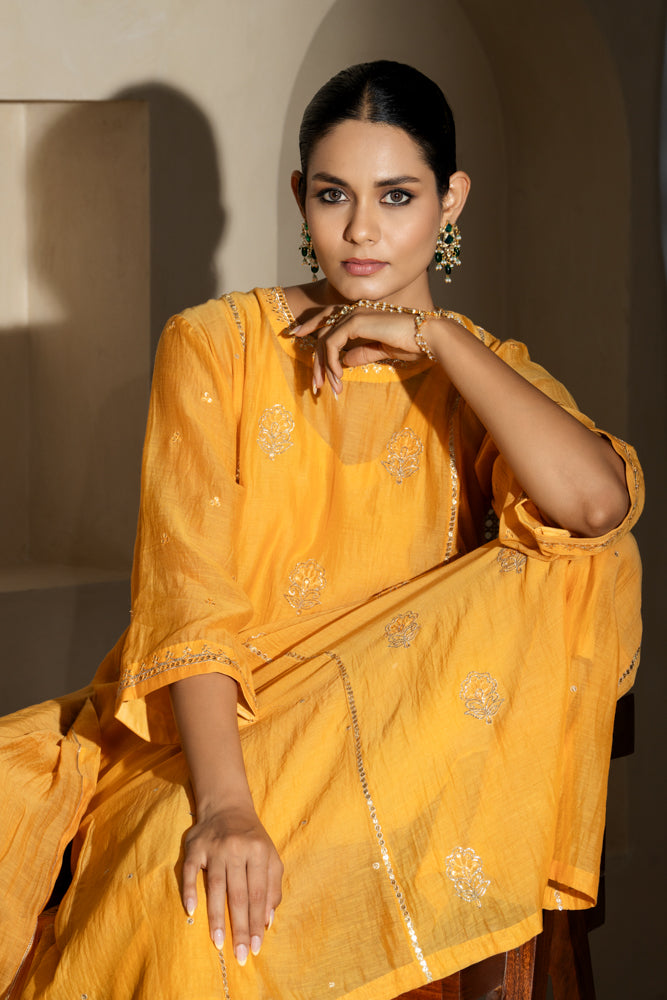 Saffron Yellow A-line Kurta Set