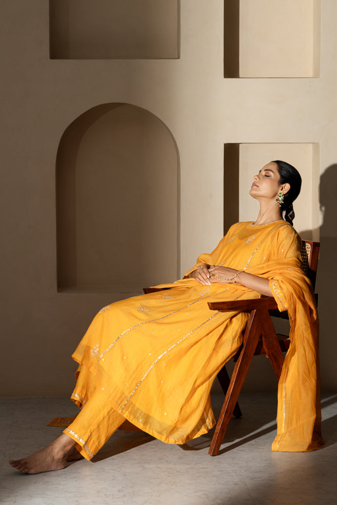 Saffron Yellow A-line Kurta Set