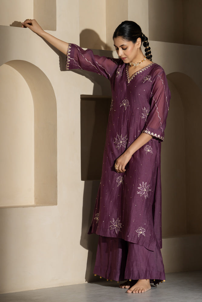Purple Floral Motif Straight Kurta Set