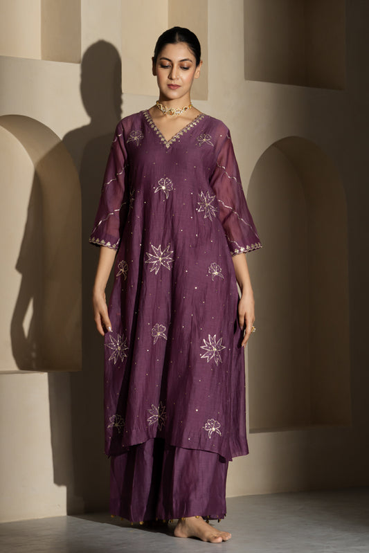 Purple Floral Motif A-Line Suit Set