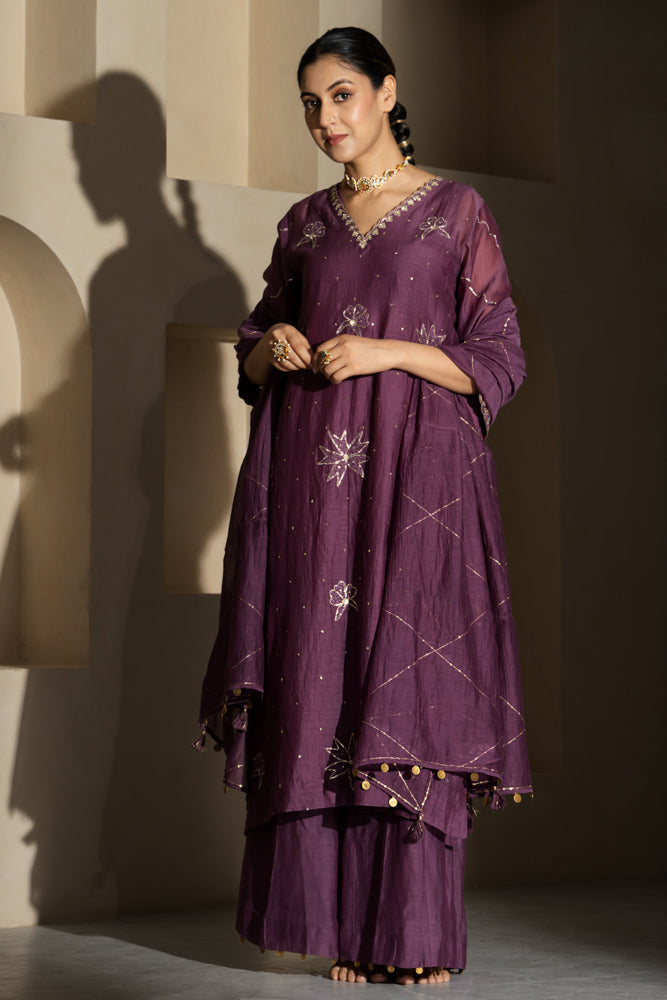 Purple Floral Motif A-Line Suit Set