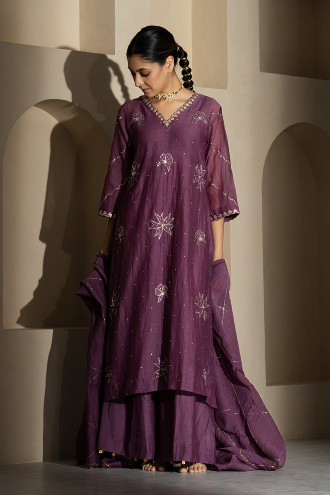 Purple Floral Motif A-Line Suit Set