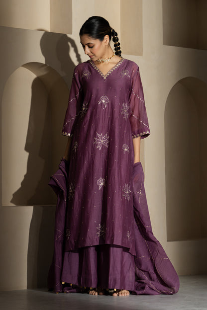 Purple Floral Motif A-Line Suit Set