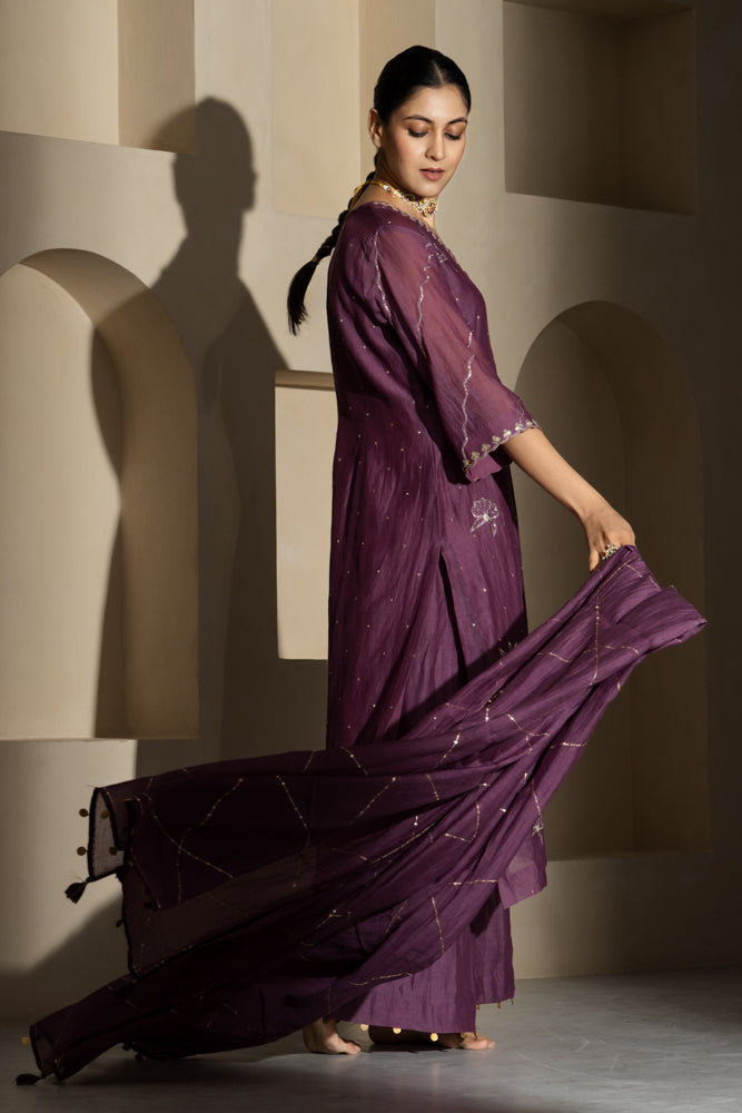 Purple Floral Motif A-Line Suit Set