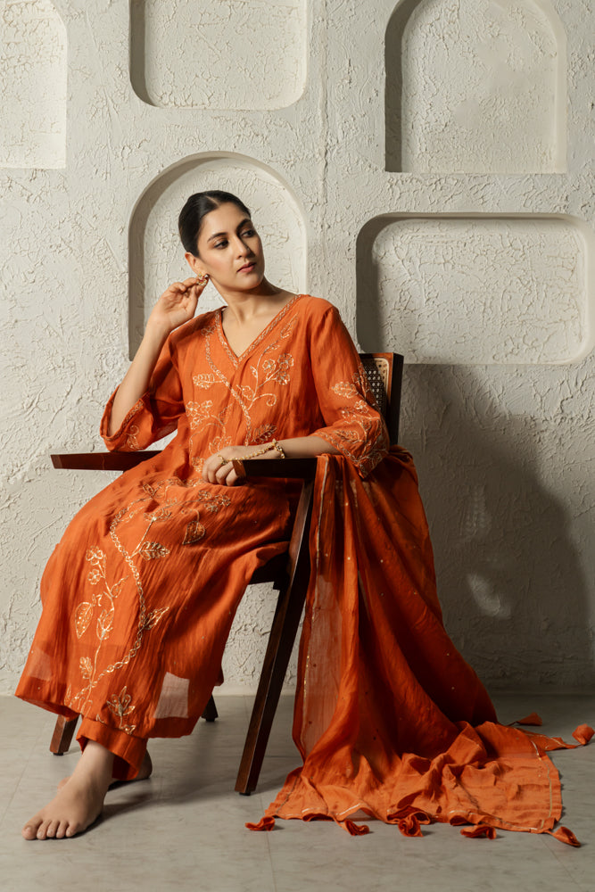 Rust Floral Bail A-line Kurta Set