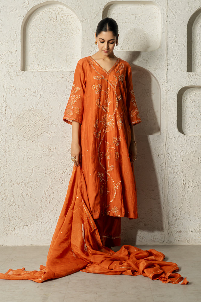 Rust Floral Bail A-line Kurta Set