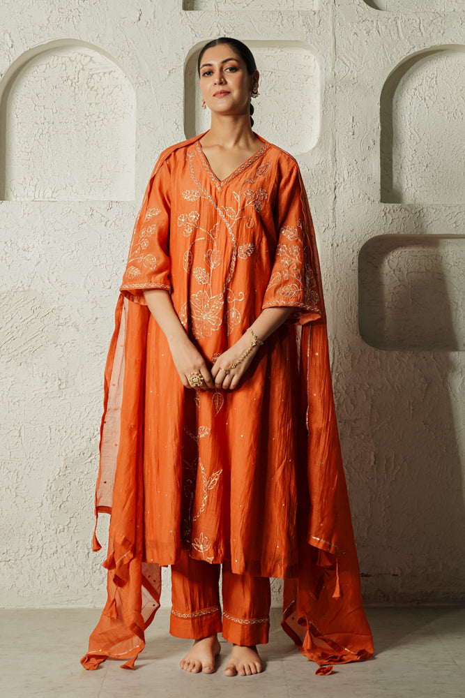 Rust Floral Bail A-line Kurta Set