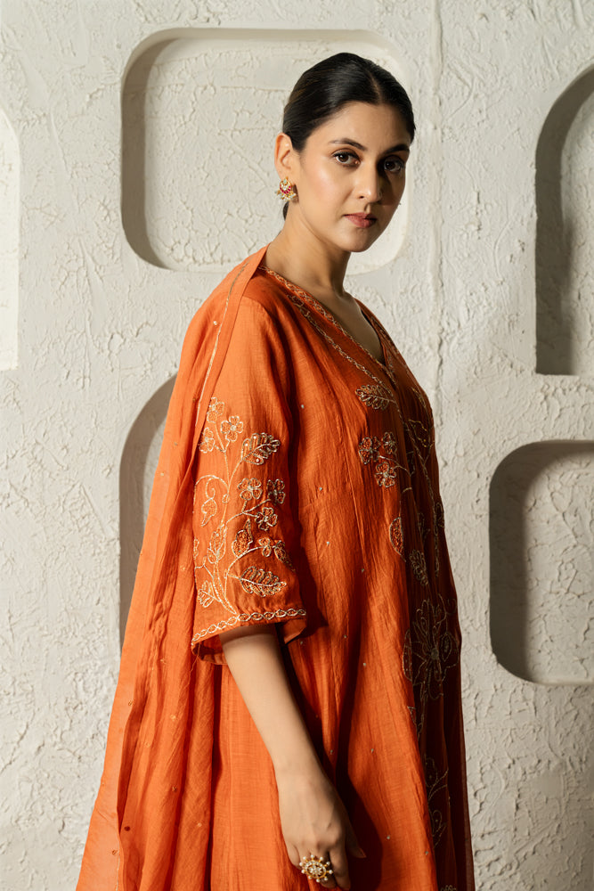 Rust Floral Bail A-line Kurta Set