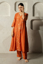 Rust Floral Bail A-line Kurta Set