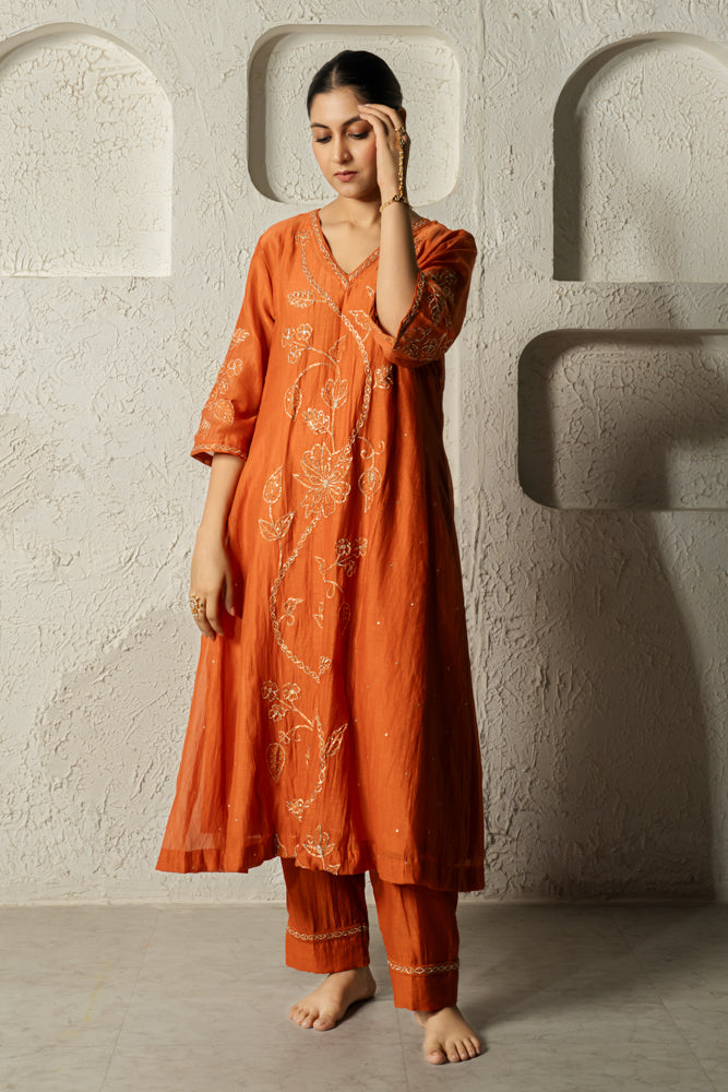 Rust Floral Bail A-line Kurta Set
