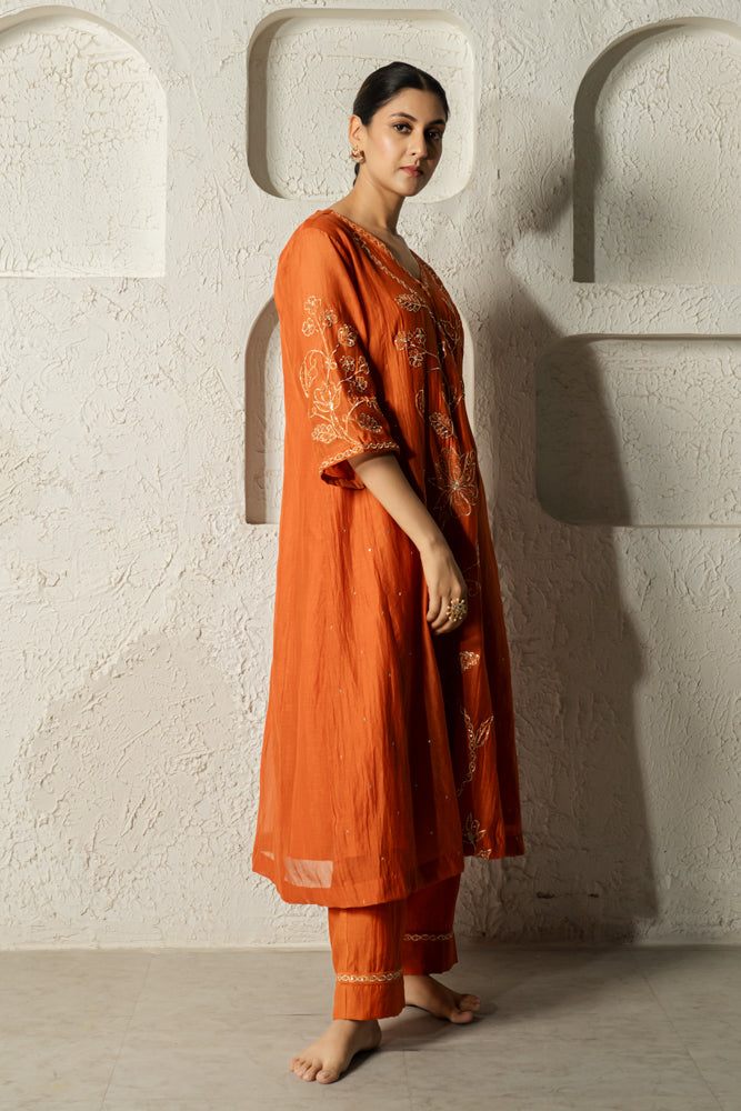 Rust Floral Bail A-line Kurta Set