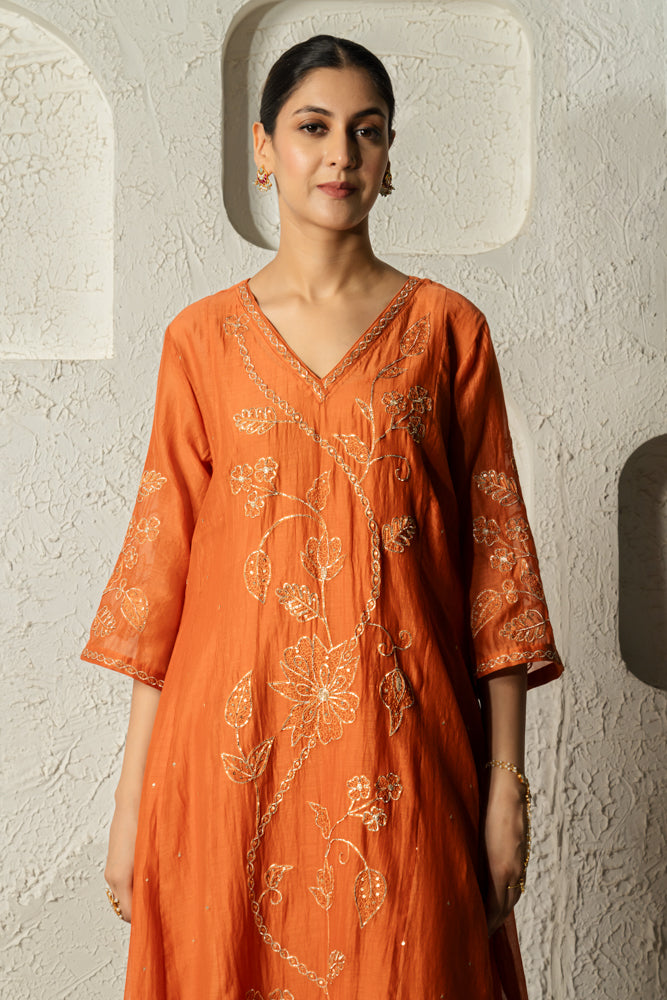 Rust Floral Bail A-line Kurta Set