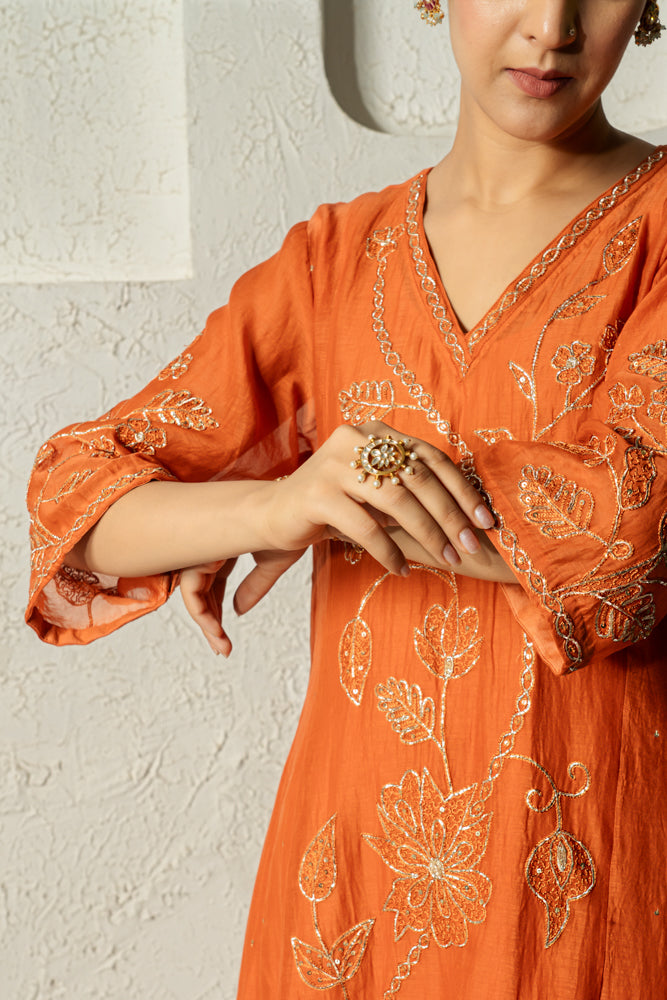 Rust Floral Bail A-line Kurta Set