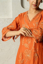 Rust Floral Bail A-line Kurta Set