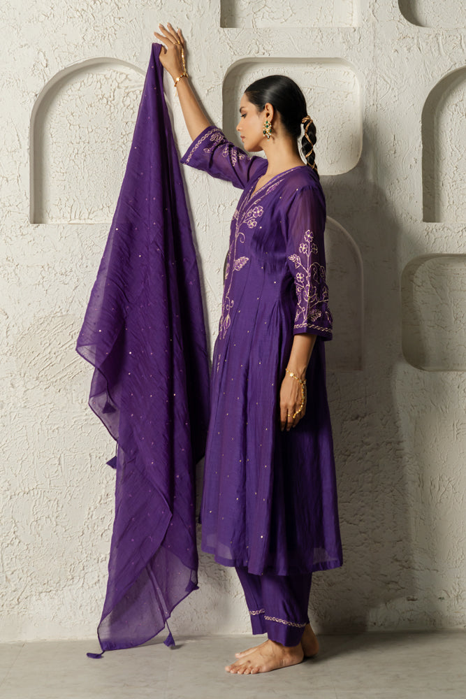 Purple Floral Bail A-line Kurta Set