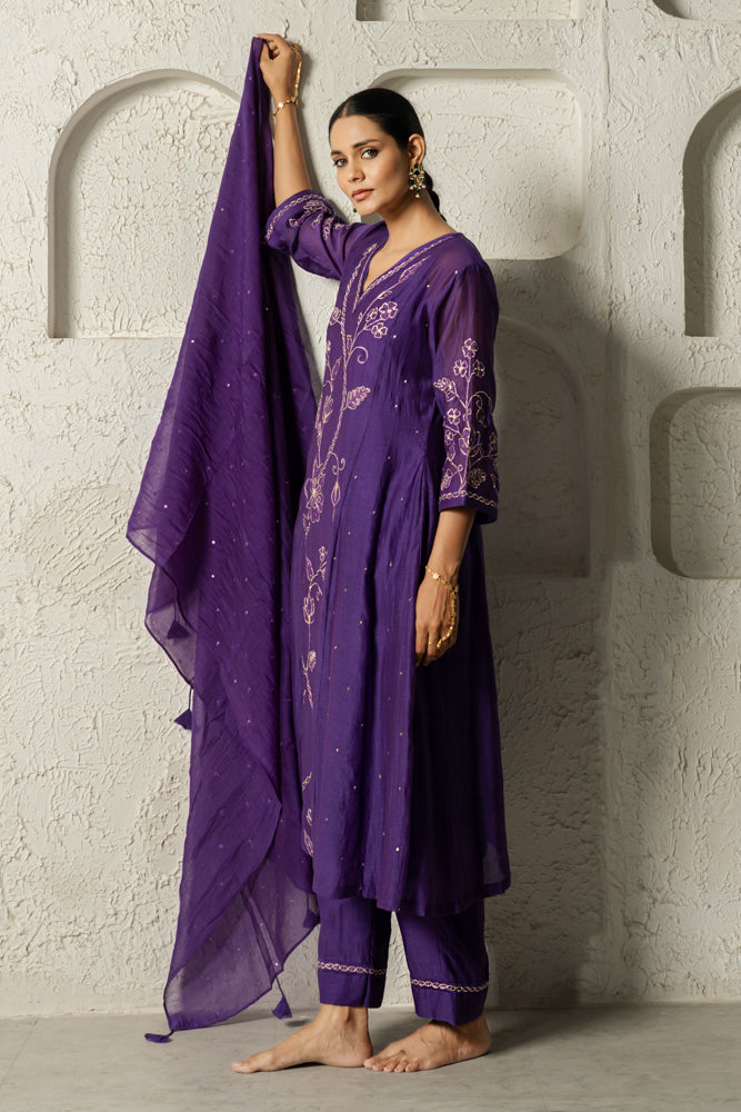 Purple Floral Bail A-line Kurta Set