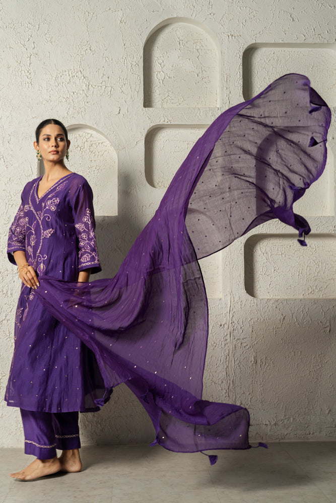 Purple Floral Bail A-line Kurta Set