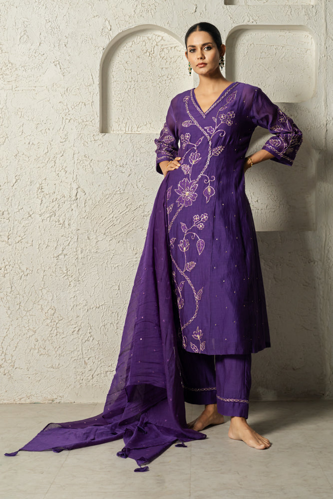 Purple Floral Bail A-line Kurta Set